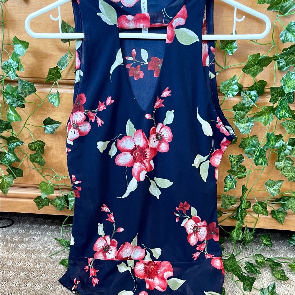 Blue floral cutout sleeveless bodysuit mesh back